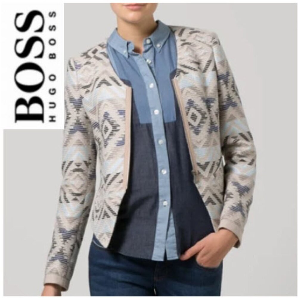 Boss Hugo Boss Women's Crop Blazer Size 6 Cream and Blue